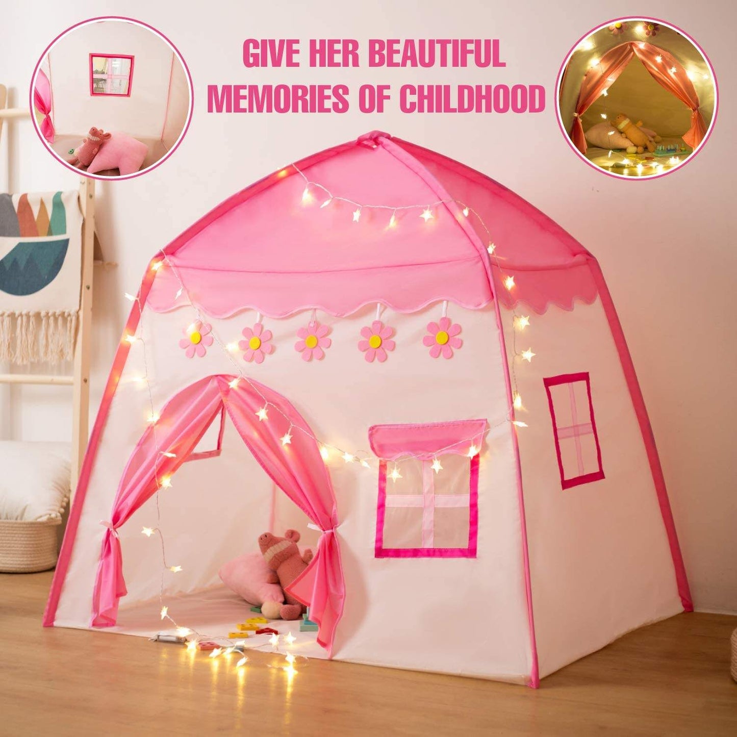 HXM Pink PrincessPlayhouse Indoor Baby House Kids Tent with Star Lights Toy