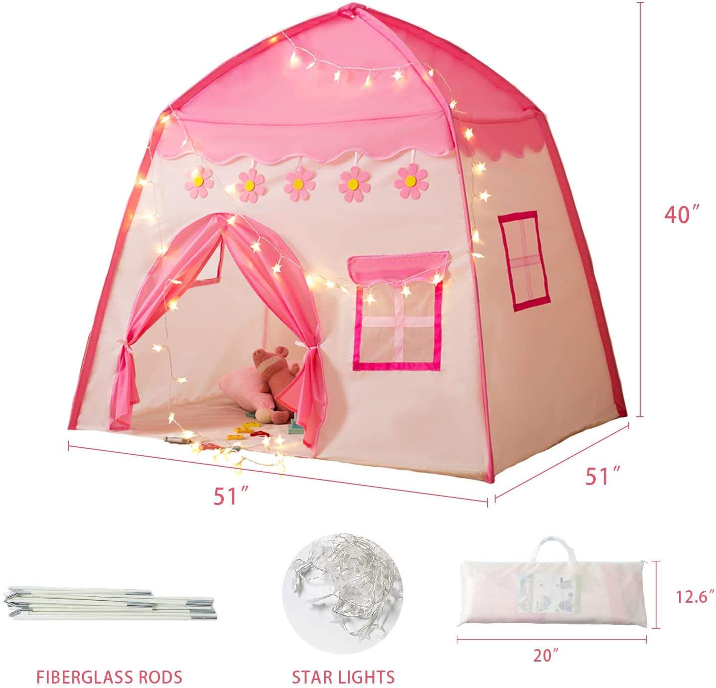 HXM Pink PrincessPlayhouse Indoor Baby House Kids Tent with Star Lights Toy